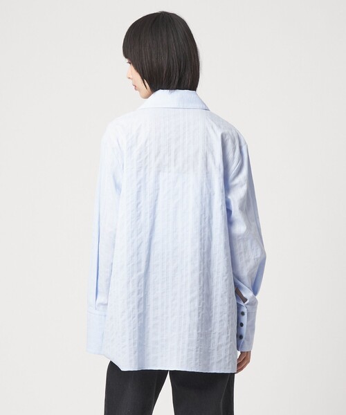 アンタイトル クリスタルリネンリボンシャツ ネイビー 水色 白 ストライプ S H CVRL-032 Coverall Shirt(Cotton/Linen), Blue Stripe – Keylime Tokyo