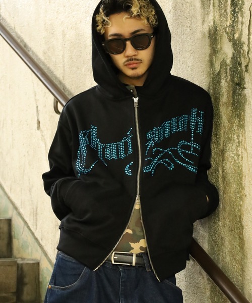 STONE  17ss ジップパーカー ブラック M BIKE STAR（バイクスター） パーカー RESHAM ラインストーンZIP