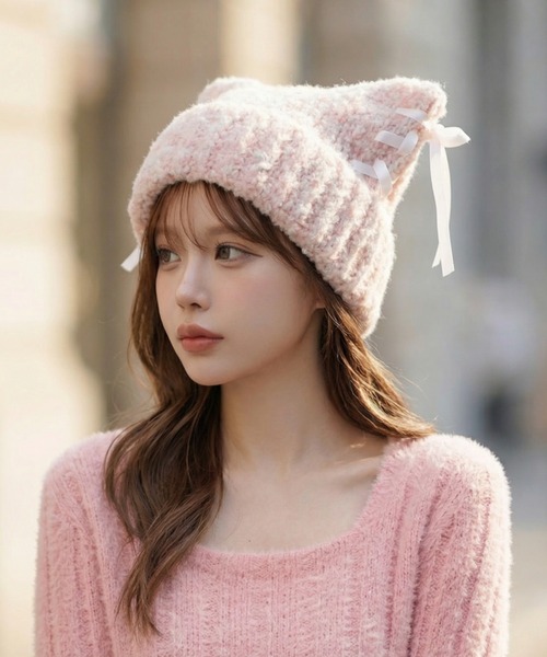 L LABEL（エルラベル） ニット帽 ニットキャップ リボン付き猫耳ニット