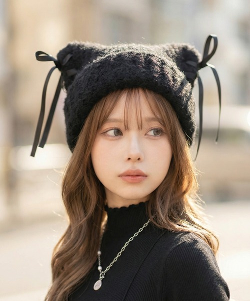 L LABEL（エルラベル） ニット帽 ニットキャップ リボン付き猫耳ニット