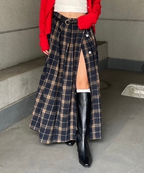Skirt aclent チェックスカート Aclent ボリュームラップチェックスカート アクレント volume wrap check skirt スリットスカート