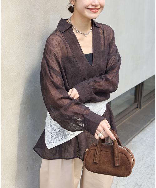 ブラウス シャツ 「追加」リネンメッシュシャツ レディースの画像