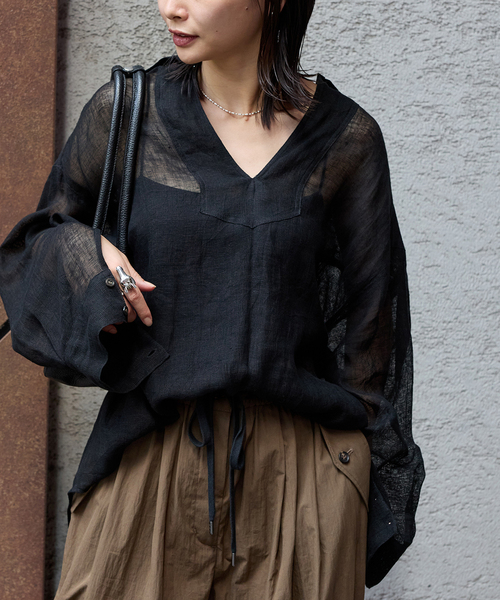 ブラウス シャツ 「追加」リネンメッシュシャツ レディースの画像