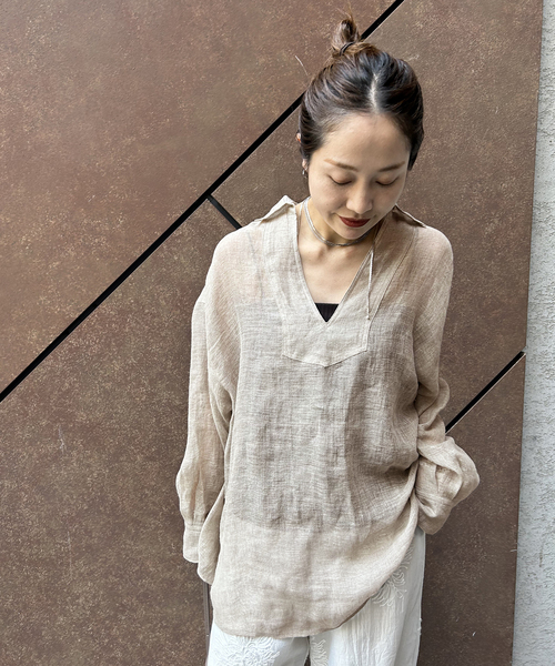 ブラウス シャツ 「追加」リネンメッシュシャツ レディースの画像