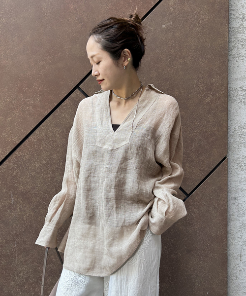 ブラウス シャツ 「追加」リネンメッシュシャツ レディースの画像