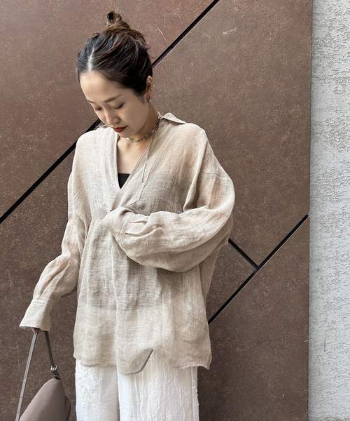 ブラウス シャツ 「追加」リネンメッシュシャツ レディースの画像