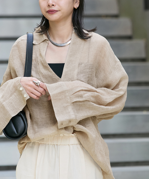 ブラウス シャツ 「追加」リネンメッシュシャツ レディースの画像