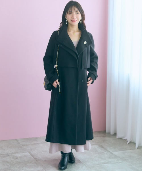 さよM.U.L ロングダブルコート（紐付き）ブラック　黒 marun（マルン） コート アウター 「大きいサイズ」「nanaeさんコラボ