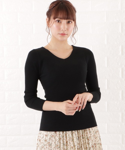 ニット セーター リブニットプルオーバー レディース Lace Ladies ニット セーター Vネック細リブニットプルオーバー