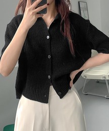 Girly Doll カーディガン 襟付きワッフル半袖ニットカーディガン