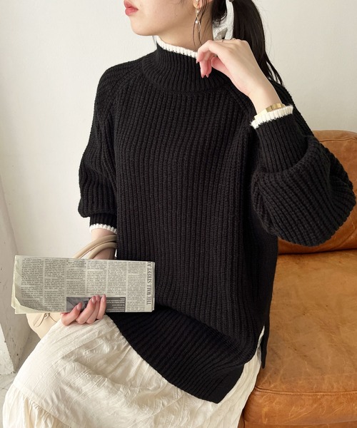 GeeRA（ジーラ） タートルネック ニット セーター 配色あぜ編