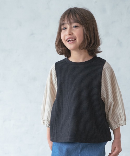 tシャツ Tシャツ 「ふんわりワッフル」異素材バルーンスリーブ半袖T  