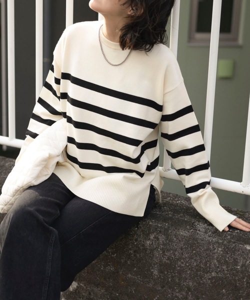  Mer ROSE ボーダー ニット 新品 オフホワイト かぎ編みボーダーニット | Alt due