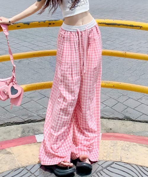 パンツ ギンガムチェックワイドイージーパンツ レディース