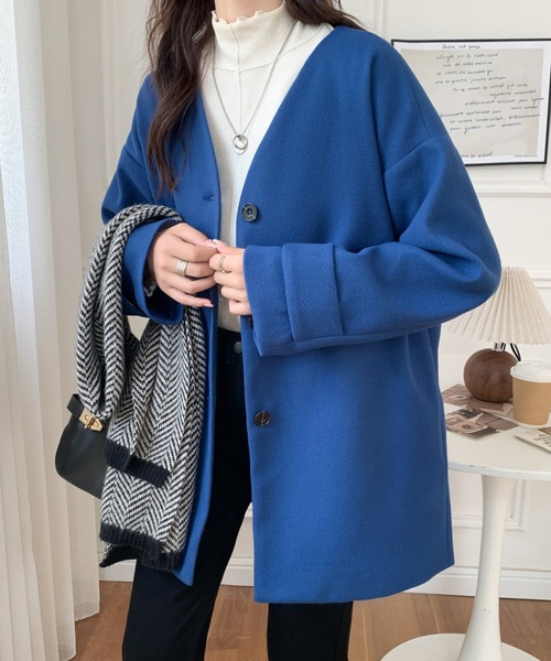 「ABITOKYO」 ノーカラーコート M ネイビー レディース_画像4