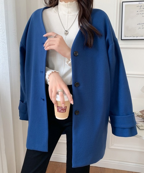「ABITOKYO」 ノーカラーコート M ネイビー レディース_画像9