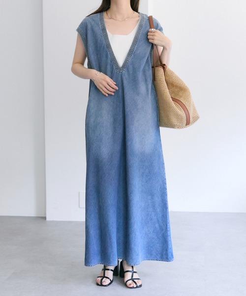 pual ce cin ワンピース 「25th」綿麻デニムVネックワンピース