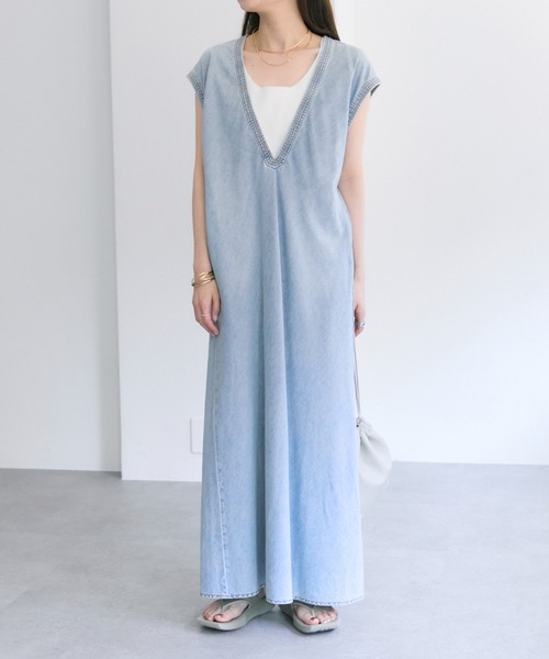 factory 綿ウール朱子織 Vネックワンピース 25th】綿麻デニムVネックワンピース | PUAL CE CIN