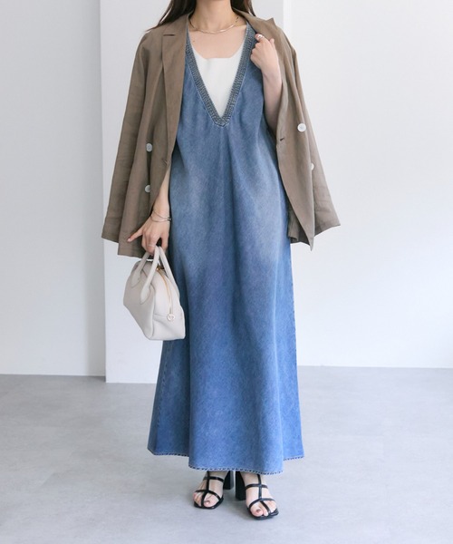 pual ce cin ワンピース 「25th」綿麻デニムVネックワンピース