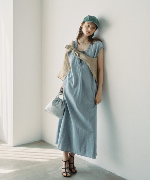 ワンピース　ポワンピ pual ce cin ワンピース 「25th」綿麻デニムVネックワンピース