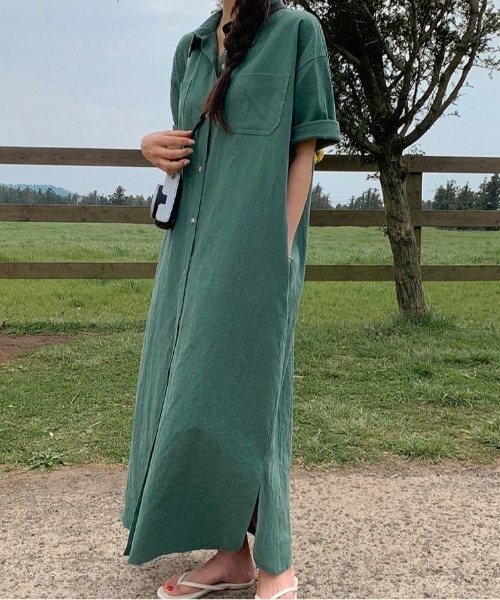 シャツワンピース ボタン フロント・ポケット 付き ロングシャツ