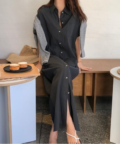 シャツワンピース ボタン フロント・ポケット 付き ロングシャツ
