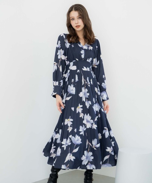L'UNE ネイビー プリーツワンピース 洗える】ノーブルプリーツ ワンピース （ロング・マキシ丈