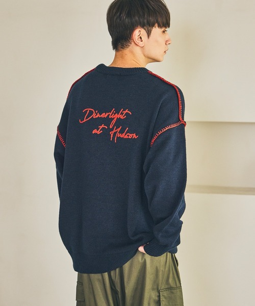 希少3L★ビッグロゴニット 背面総柄 ウール ベロア刺繍ロゴ ブラック 日本製 LAKOLE（ラコレ） セーター ニット 配色バック刺繍ニットプルオーバー