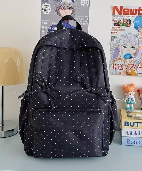 リボン付き バックパック リュック ブラック ドット柄 pyornim（ピョルニム） デイバック リュック 「A4 サイズ対応」ドット