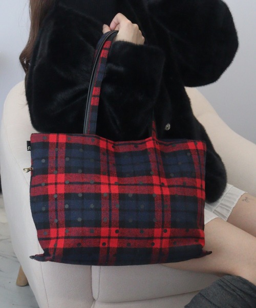 未使用級　PORTER トートバッグタータンチェック　ネイビー　レッド　A4可 ROOTOTE（ルートート） トートバッグ ドット＆チェックフェルトトート