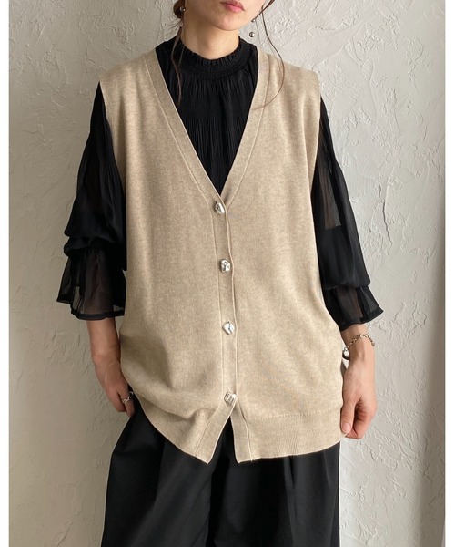 She's Closet ベスト ジレ 深Vネックノーカラー メタル ニュアンス