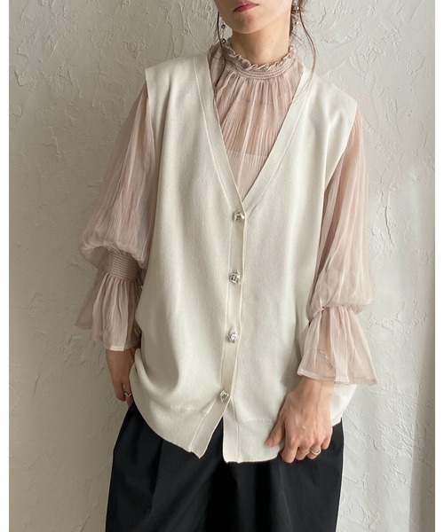 She's Closet ベスト ジレ 深Vネックノーカラー メタル ニュアンス