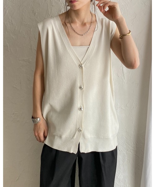 She's Closet ベスト ジレ 深Vネックノーカラー メタル ニュアンス