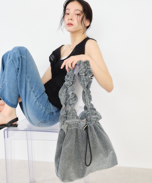 トートバッグ ラメフリルハンドルトートバッグ レディースの画像