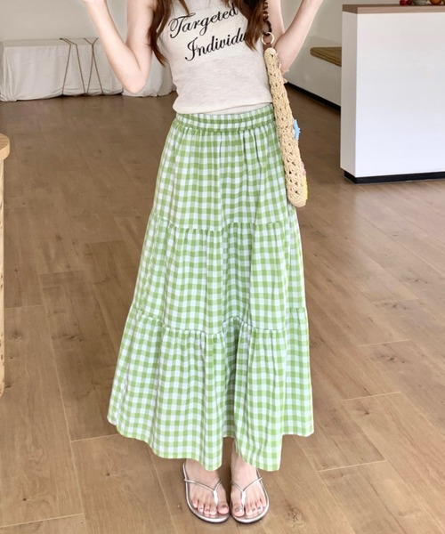 Sibra（シブラ） ロング スカート 夏 オレンジギンガムチェックフレア