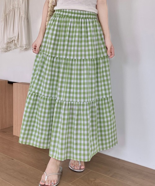 Sibra（シブラ） ロング スカート 夏 オレンジギンガムチェックフレア