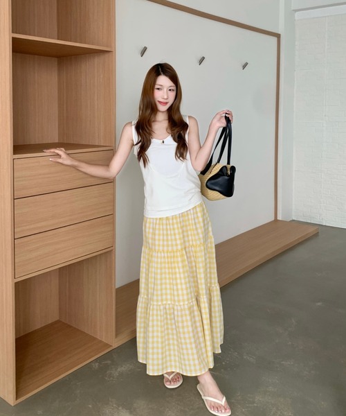 Sibra（シブラ） ロング スカート 夏 オレンジギンガムチェックフレア