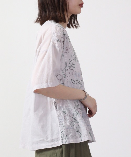 Emago ブラウス シャツ EMAGO 多色花刺繍ブラウス 5分袖
