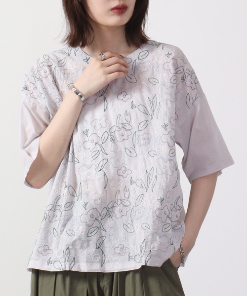 ブラウス シャツ EMAGO 多色花刺繍ブラウス 5分袖 レディース Emago ブラウス シャツ EMAGO 多色花刺繍ブラウス 5分袖