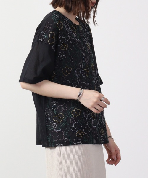Emago ブラウス シャツ EMAGO 多色花刺繍ブラウス 5分袖