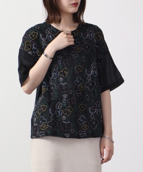ブラウス シャツ EMAGO 多ポケット花刺繍ブラウス レディース Emago ブラウス シャツ EMAGO 多色花刺繍ブラウス 5分袖