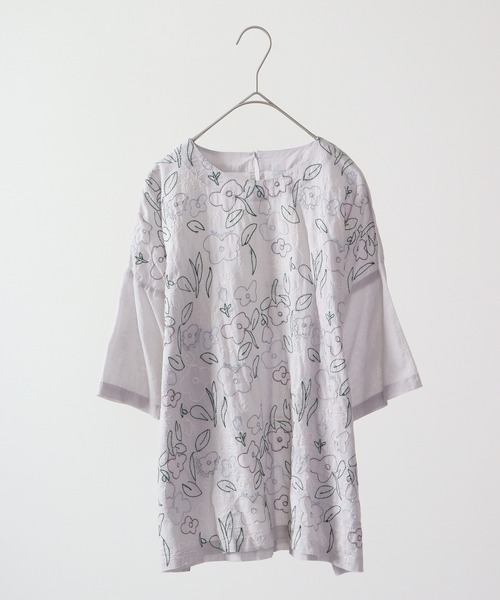 ブラウス シャツ EMAGO 多色花刺繍ブラウス 5分袖 レディース Emago ブラウス シャツ EMAGO 多色花刺繍ブラウス 5分袖