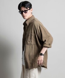 新品 ラフ ブリーチ ダメージ 加工 チェック 半袖 シャツ