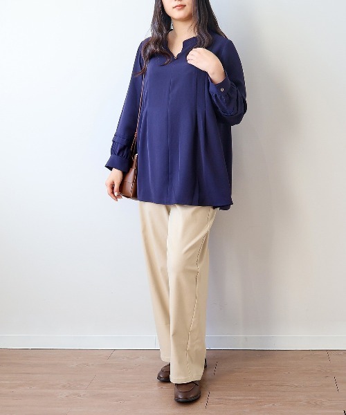 ブラウス シャツ 「接触冷感」「L〜5L 大きいサイズ」ストライプバンドカラーサイドタックブラウス 半袖 春夏 レディース MB mint breeze ブラウス シャツ 「L〜5L 大きいサイズ」バンド