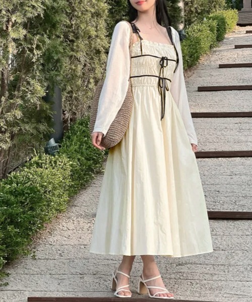 REMUR ワンピース バイカラーリボンシャーリングロングワンピース