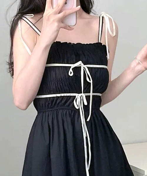 REMUR ワンピース 夏 バイカラーリボンシャーリングロングワンピース