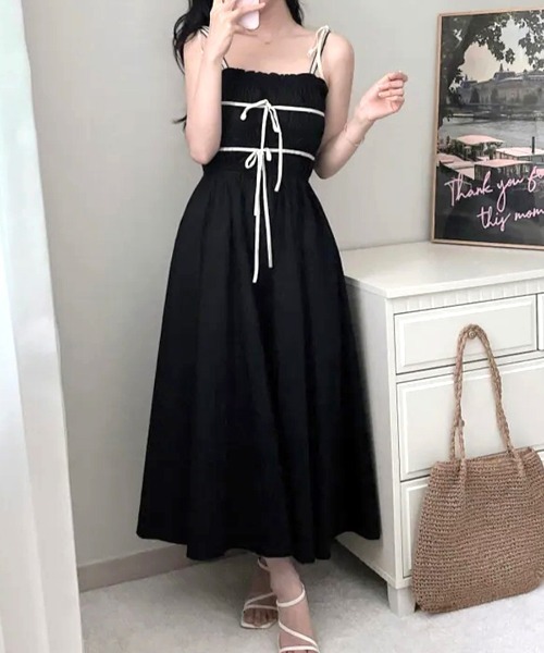 REMUR ワンピース 夏 バイカラーリボンシャーリングロングワンピース