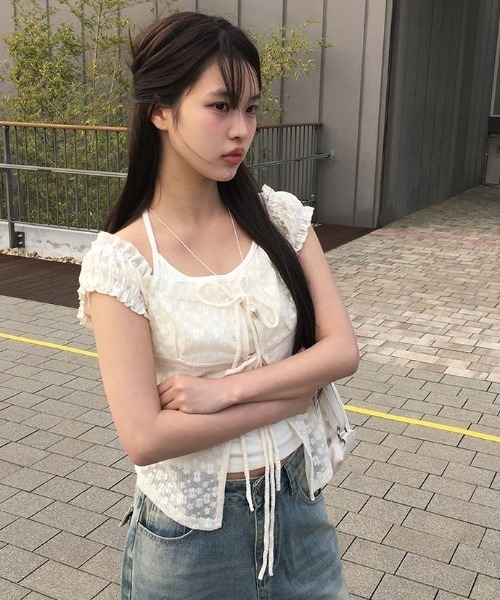 anyonemore tシャツ レイヤードホルター花柄レースTシャツ レディース
