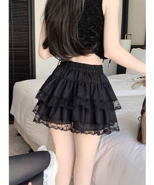  レースフリルスカート ブラック スカート レース フリル シュリンク加工 スカート : ZOZOTOWN Yahoo!店