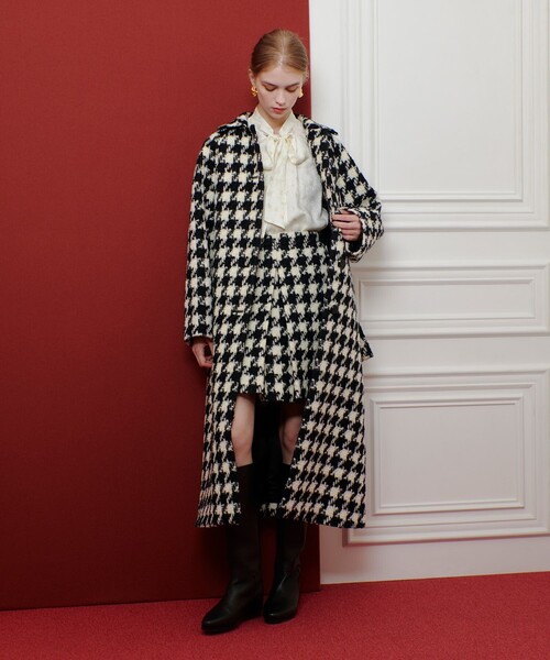 ユキオ　　千鳥柄　コート　ロングコート　比翼　ステンカラー LOULOU WILLOUGHBY（ルルウィルビー） ステンカラーコート コート
